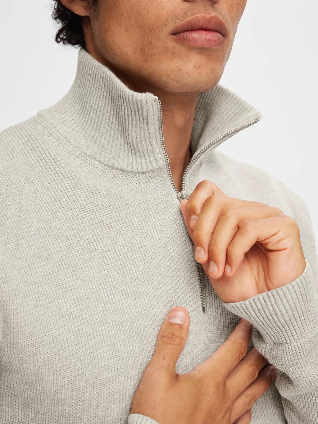 SLHDANE LS KNIT STRUCTURE HALF ZIP NOOS - Light Grey - Top